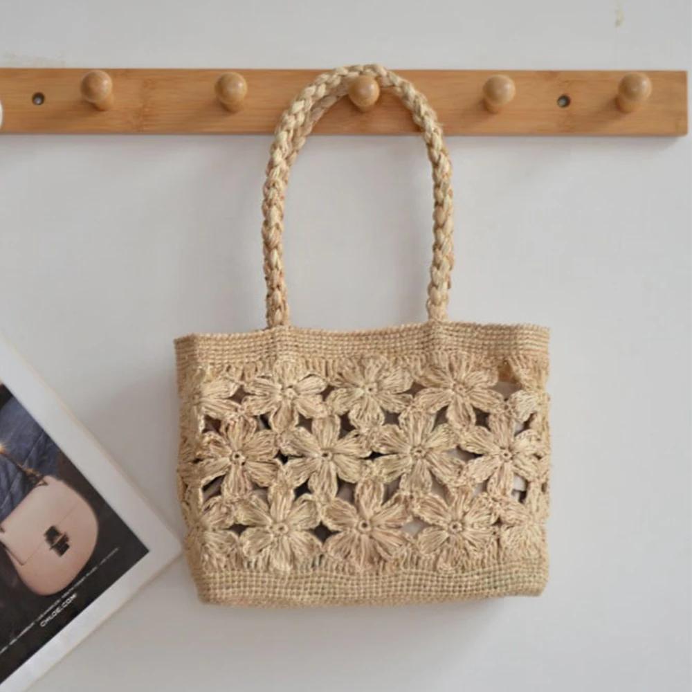 Women Bags Handmade - กระเป๋าถือสานลายดอกไม้สไตล์โบฮีเมียน กระเป๋าชายหาดลายดอกไม้โปร่ง สำหรับผู้หญิง กระเป๋าถือสานทำมือ กระเป๋าสะพายไหล่ กระเป๋าเดินทางฤดูร้อน